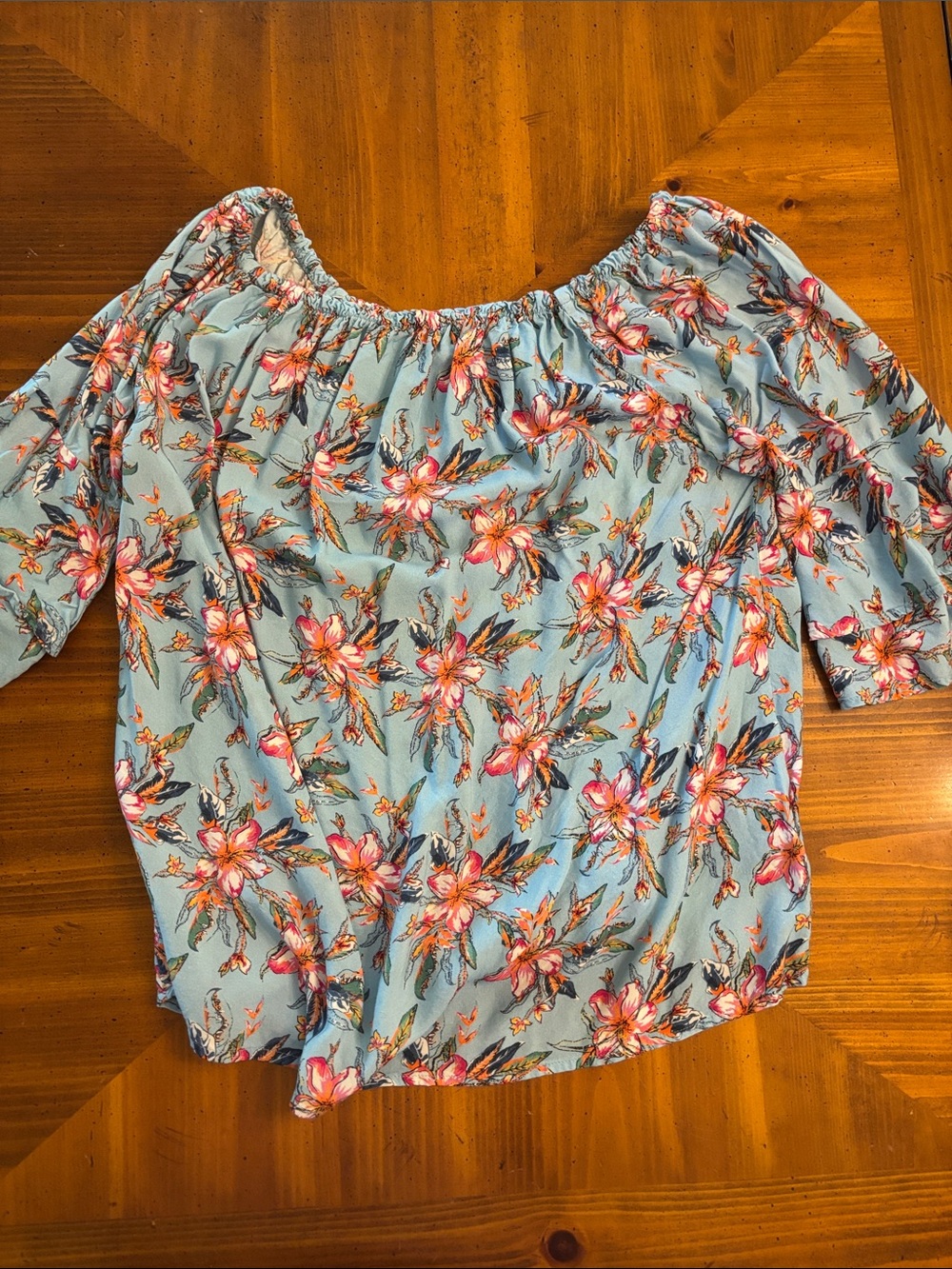 Light Blue Floral Off-Shoulder Blouse with Pink Bloom Print
